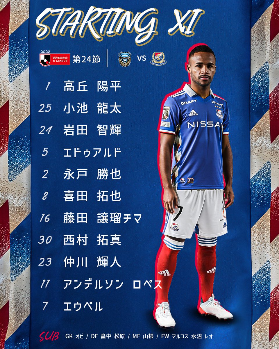 ⚓ 𝑺𝑻𝑨𝑹𝑻𝑰𝑵𝑮 𝑿𝑰 ⚓ 🔴⚪🔵 本日のスターティングメンバー発表！ 🔴⚪🔵 リーグ戦 連勝を目指して 負けられない一戦🔥 #fmarinos | #Jリーグ