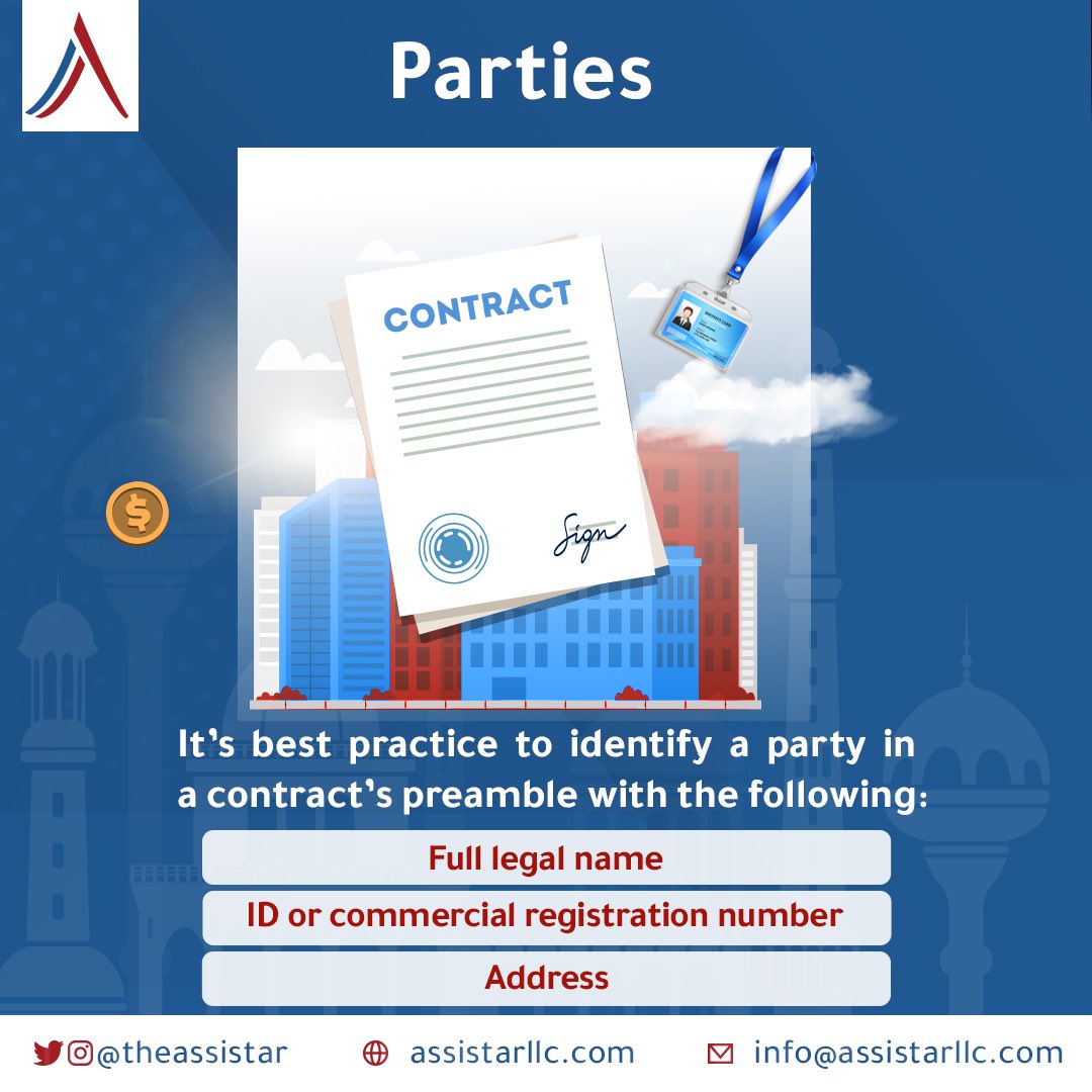 theassistar's tweet photo. People might have similar names, and companies too.

Though, each person has a unique civil number and each company a unique commercial registration number.

Make sure you identify the #parties adequately in your contract.

#assistar #contract #oman https://t.co/zvk1SXTa2r