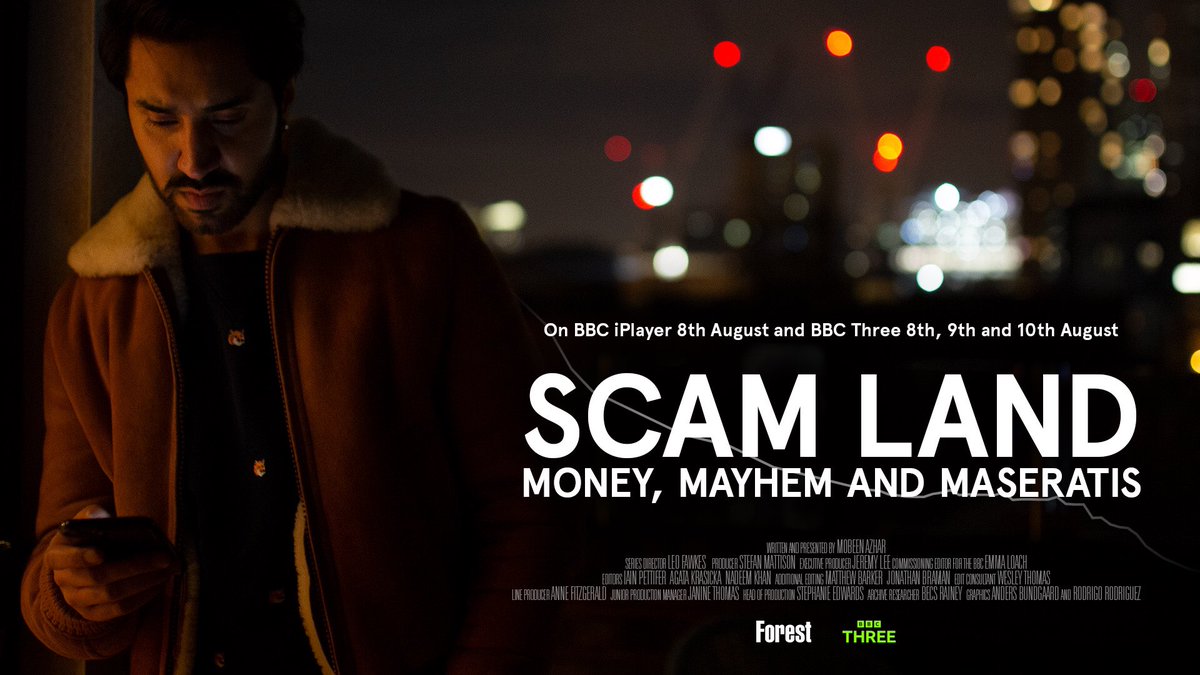 weare_forest's tweet photo. FIVE part doc series drops on @iplayer Monday 08/08. Episodes on @bbcthree Monday, Tuesday and Wednesday, 21:00

Join the dots between a ‘forex trading’ instagram influencer, a City of London financial firm and a lot of lost cash. 

Spread the word! 
#scamland #forex https://t.co/36BkhKlhzv