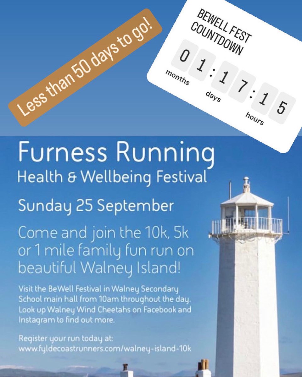 WWCheetahs's tweet photo. LESS THAN 60 DAYS to go til the inaugural Furness Running &amp; Well Being Festival!🏃‍♀️🏃🏻 Are excited yet? Hows your training going? Is this your first 5km/10km or your 100th? 
#baesystemsmaritime #wwc 
#advantageraiders
#funrun #walneyisland #walney #barrowinfurness #BeWellFest https://t.co/naNwtLV3Ic