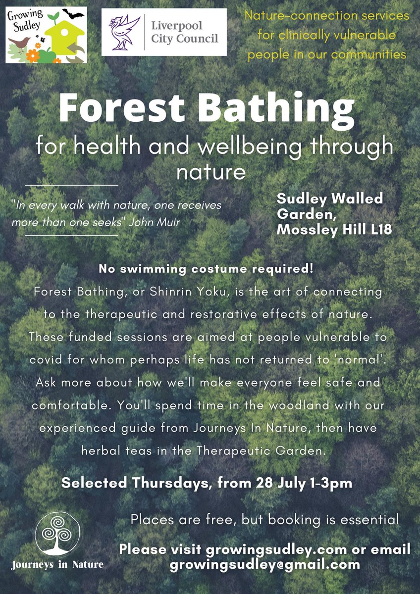 Free Forest Bathing for people adversely affected by covid - a beautiful, restorative experience that gives you tools for engaging with nature. Check flyer for details, click here to book  growingsudley.com/all-events/for…