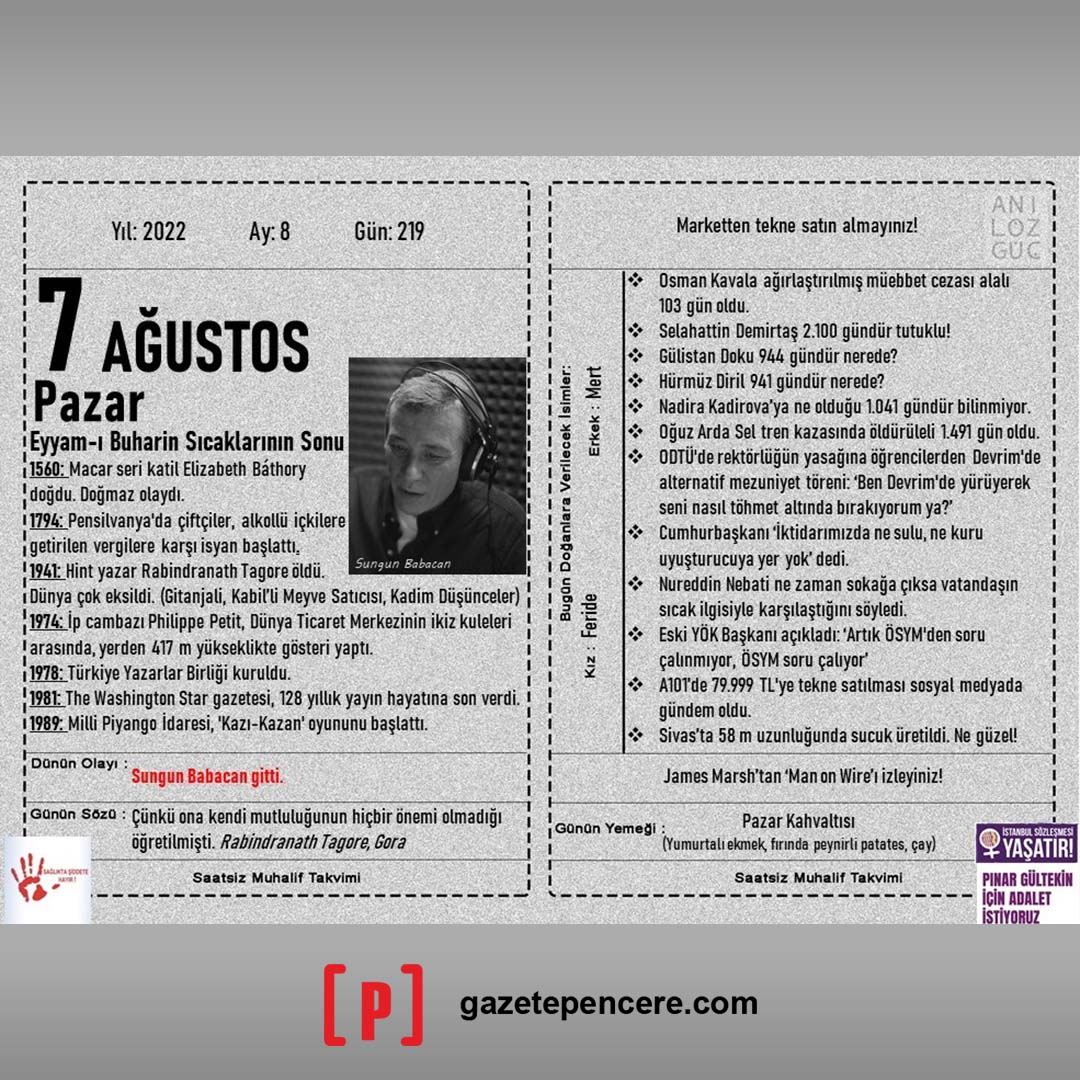 gazetepencere's tweet photo. "Eyyam-ı Buharin Sıcaklarının Sonu"
7 Ağustos 2022 Muhalif Takvim https://t.co/TKVeOKoZpw

@AnOzguc #AnılÖzgüç #MuhalifTakvim #7Ağustos #RabindranathTagore #PhilippePetit #SungunBabacan #ManonWire https://t.co/t1VYMmEPiq