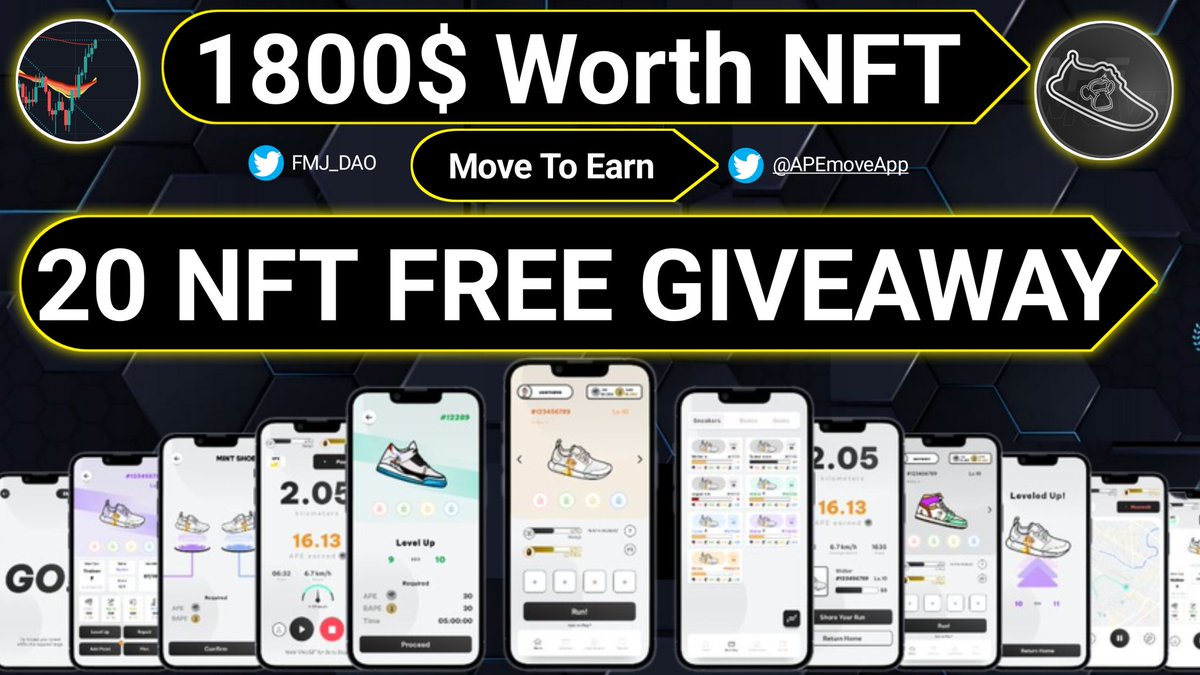 💰MoveToEarn GIVEAWAY 

🏆 Pool (1800$)
🎁 20 FREE NFTs (Worth 90$ Each) 

To Enter:
1️⃣Follow <a href="/FMJ_DAO/">FMJ_DAO π²</a> and <a href="/APEmoveApp/">APEmove | #MoveToEarn</a>
2️⃣RT &amp; tag 3 Friends

3️⃣Finish #Gleam tasks: giv.gg/appmovefmjdao

🕑 End 12 August 
#Airdrop #Airdrops #Giveaway #Solana  #NFTs #NFTCommunity #SolanaNFT #NFT