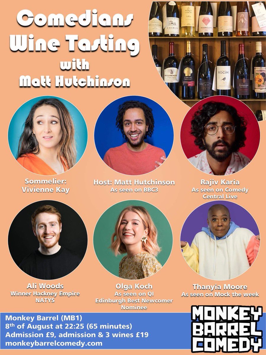 Comedy and wine!! Tomorrow night, monkey barrel, Edinburgh <a href="/Hutch_up/">matthew hutchinson</a> <a href="/RajivAKaria/">Rajiv</a> <a href="/AliWoodsGigs/">Ali Woods is on tour!</a> @rocknrolga <a href="/ThanyiaMoore/">🇯🇲🇬🇧</a>
