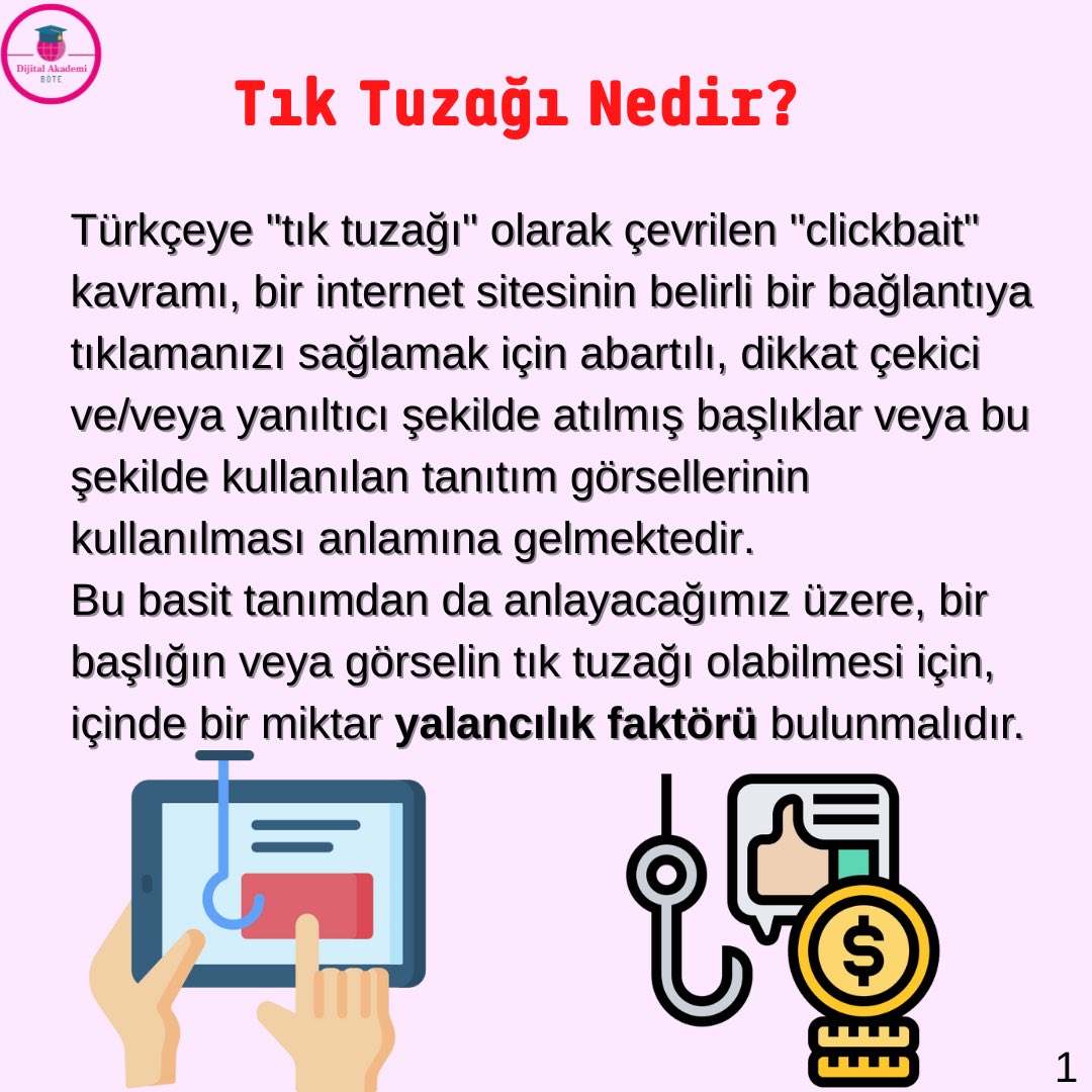 SadiSeferoglu's tweet photo. "Clickbait" - Tık Tuzağı Nedir?
Türkçeye "tık tuzağı" olarak çevrilen "clickbait" kavramı, bir internet sitesinin belirli …..
Tasarım: Alperen ÇİÇEKLİ
https://t.co/TbiLaVJENM
#bilgigüvenliği #sosyalmedya #tiktuzagi #Hacettepe1967 #hacettepeüniversitesi #sadiseferoglu https://t.co/nixlbBNk8q