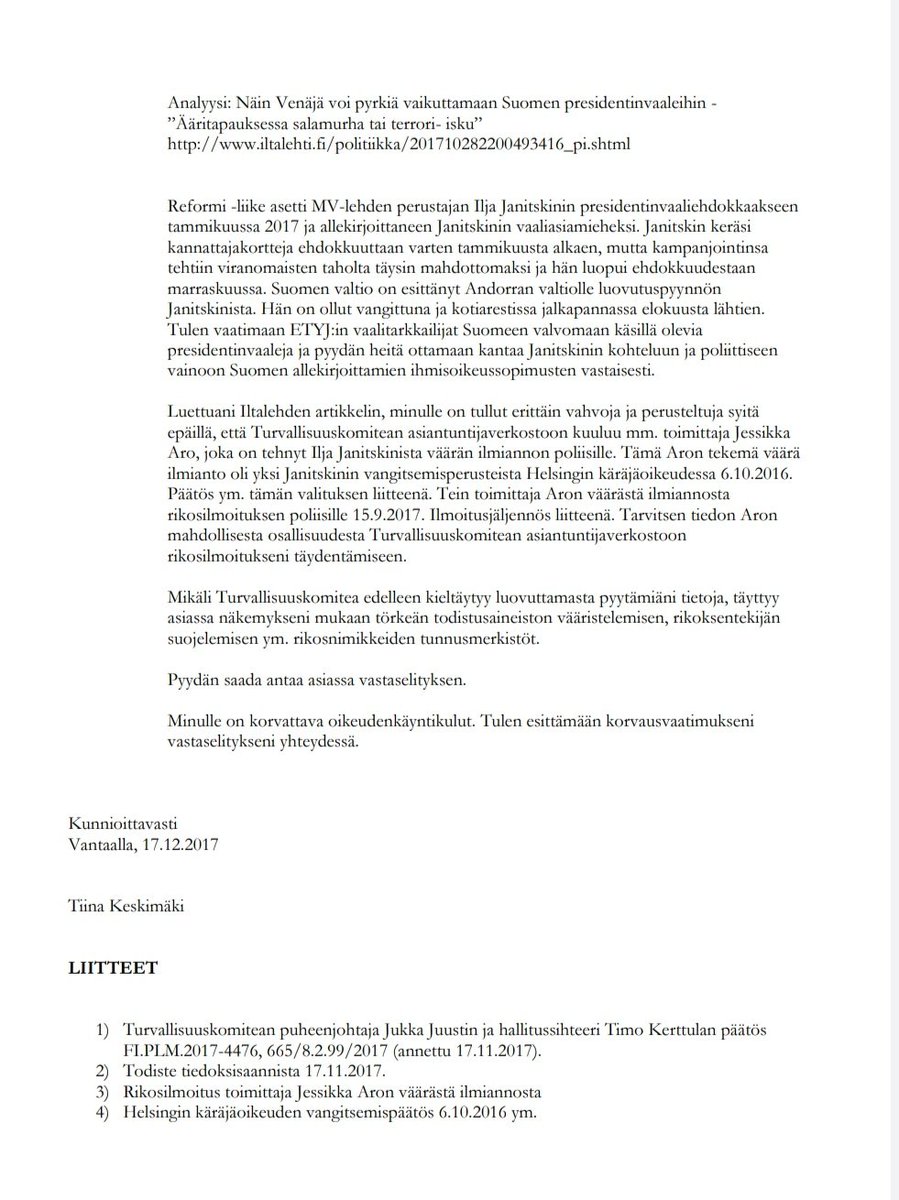 TiinaKeskimki's tweet photo. @HuuhtanenPanu @ArjaPaananen @NATO @HybridCoE @TKomitea @DefenceFinland @Suojelupoliisi @pelttariantti @Ulosottolaitos Tässä alkuperäinen #valitus:kseni Helsingin hallinto-oikeuteen @TKomitea @DefenceFinland #salaamispäätös:ksestä. 

#RIPIljaJanitskin https://t.co/19KakhS2u5