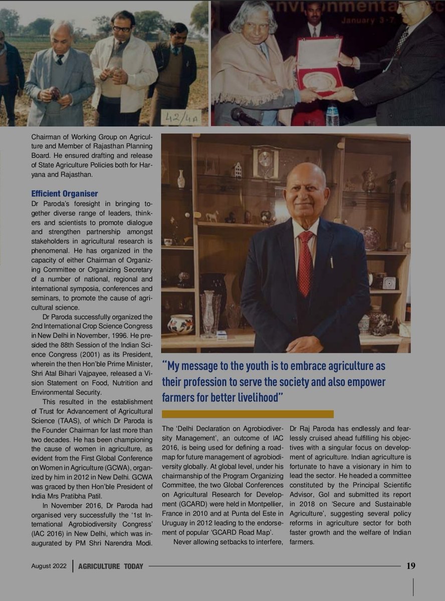 Article in Agri India August 2022 titled "A Reformist and Institution Builder Par Excellence"