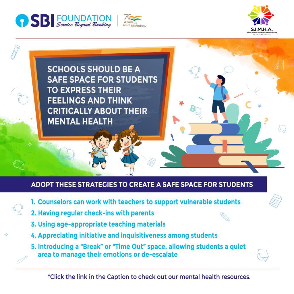 SBI_FOUNDATION's tweet photo. A Mental-health friendly environment in schools is of paramount importance. Here's how you can create a safe space for students in schools.

#SBIFformentalhealth

Check out our resources here👉 https://t.co/JLr1nk9b1R

@TheOfficialSBI https://t.co/gKNi3ZBRwj