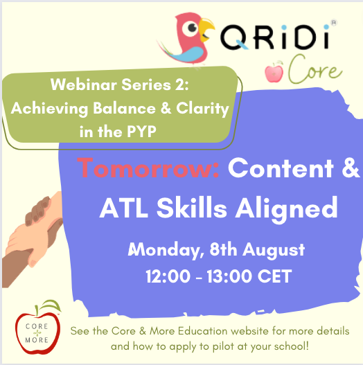 c_orkiszlang's tweet image. Reminder! Achieving Balance &amp;amp; Clarity in the PYP webinar presentation TOMORROW looking at Content &amp;amp; ATIL Skills Aligned! Monday, 8th August 12:00 - 13:00 CET. 

Join with Google Meet here: meet.google.com/cwm-dnur-vji

#pyp #coreandmore #qridi #qridicore #coreandmoremonday
