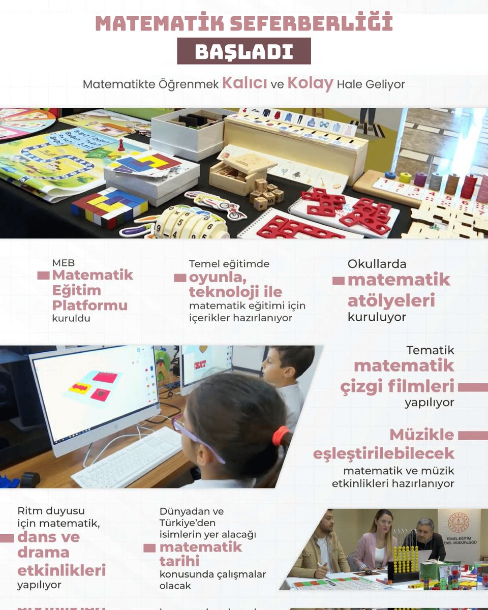 Matematik ve yabancı dil seferberliği başlatılarak çalıştay ve iş birlikleri yapıldı.

Matematik, günlük yaşam pratikleriyle çok daha kolay öğretilecek. Yabancı dilde yeni paradigmayla dil öğrenimi kolaylaşıyor.
📍Güçlü Eğitim Güçlü Türkiye
<a href="/tcmeb/">Millî Eğitim Bakanlığı</a>
<a href="/mahmutdemirttas/">Mahmut Demirtaş</a>
<a href="/Murat69_Demir/">Murat Demir</a>