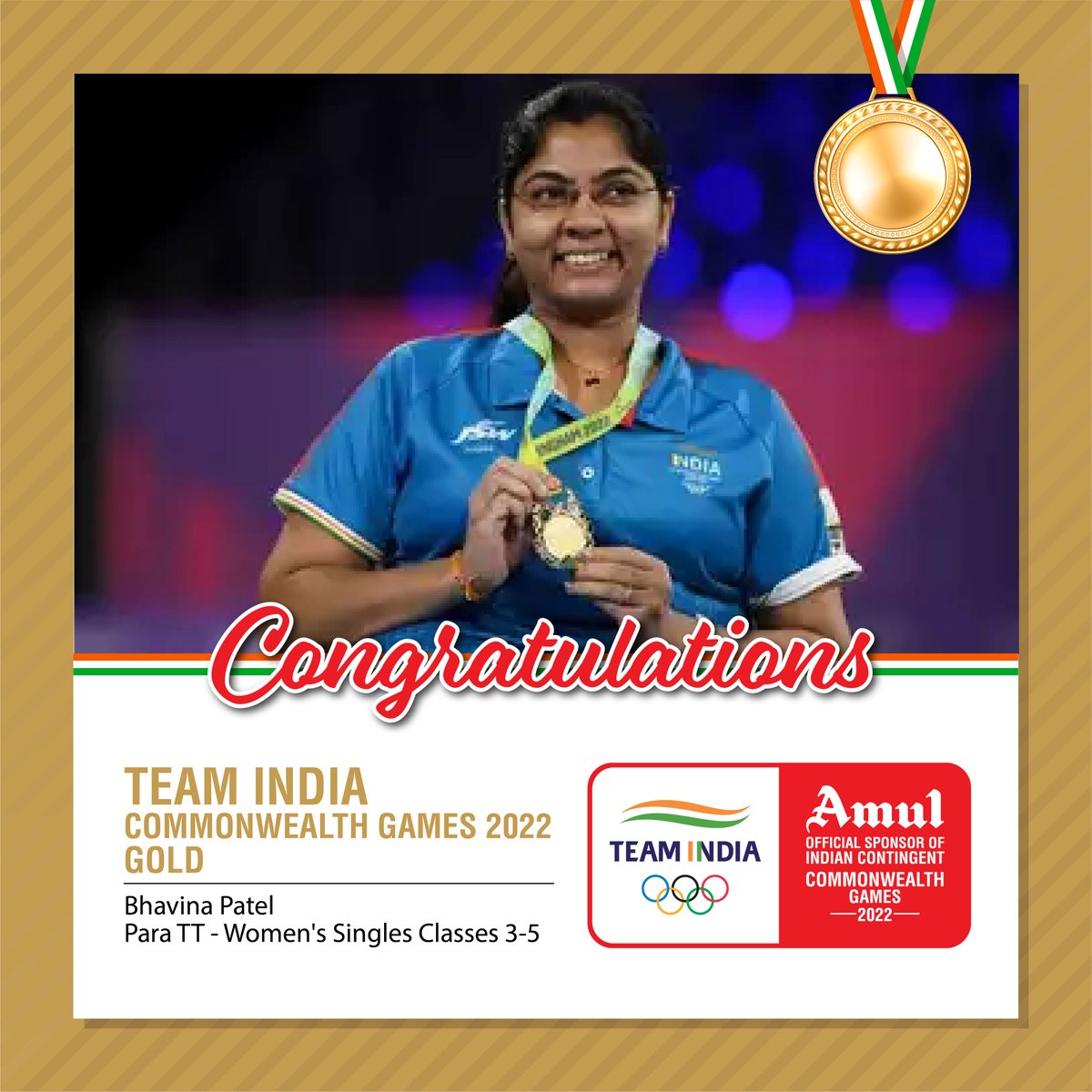 Indian para table tennis player Bhavina Patel won a gold medal in the women's singles class 3-5 at the #CWG22. 
She previously won a silver at the Tokyo Paralympics.

#CWG #Commonwealth #CWG2022 #Birmingham #India #Gold #ParaTableTennis #Medal #BhavinaPatel