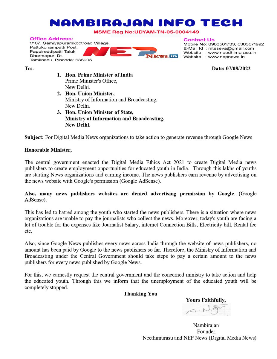 Hon.<a href="/ianuragthakur/">Anurag Thakur</a>|@Murugan_MoS  For Digital Media News organizations to take action to generate revenue through Google News <a href="/narendramodi/">Narendra Modi</a>|<a href="/MIB_India/">Ministry of Information and Broadcasting</a>|<a href="/IndiaIDMA/">Indian Digital Media Association</a>|<a href="/_DigitalIndia/">Digital India</a>|<a href="/WebJournalists/">Web Journalists' Association of India</a>|<a href="/IAMAIForum/">IAMAI</a>|<a href="/sundarpichai/">Sundar Pichai</a>|<a href="/googlenews/">Google News</a>|<a href="/Google/">Google</a>|<a href="/TweetsNbf/">NBF</a>|<a href="/PCITweets/">Press Club of India</a>|<a href="/PTI_News/">Press Trust of India</a>|<a href="/medianama/">MediaNama</a>