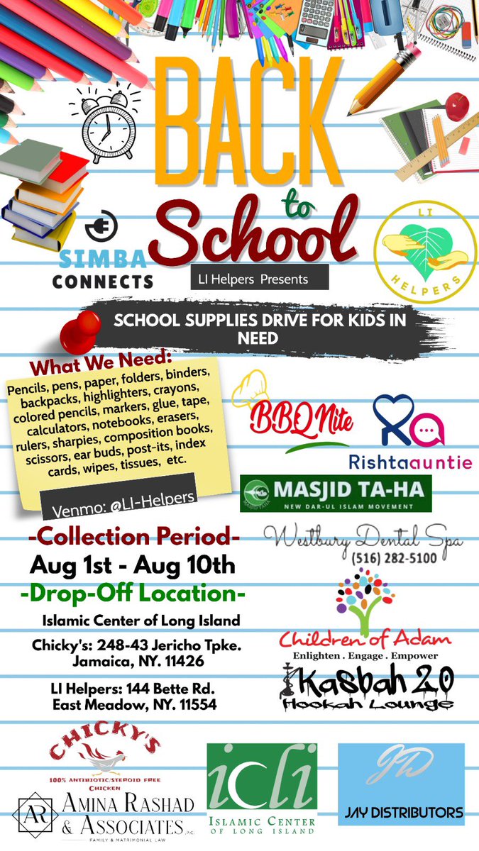 saifmillwala's tweet photo. #charity #schooldrive #backtoschool #nassaucounty #ny #schoolsupplies #masjidtaha @1icliny @rishtaauntieapp @ChildrenofAdam_ @MuftiFarhan_ https://t.co/XqNwzzfUbi