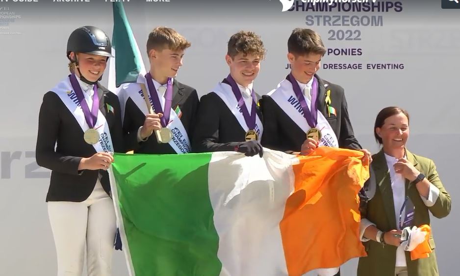 May we present the new FEI Pony Eventing European Champions - IRELAND
Huge congratulations to Josh Williamson, Ben Connors, Matthew Love and Claire O’Ryan and HSI High Performance manager Jane Kinsella, what a performance. <a href="/sportireland/">Sport Ireland</a> <a href="/RTEsport/">RTÉ Sport</a> 
<a href="/GAINEquine/">GAIN Equine Nutrition</a>
