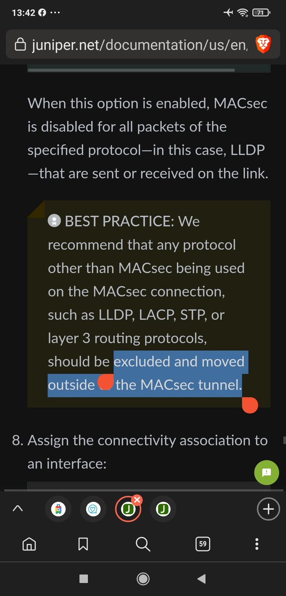 sraveau's tweet photo. Considering @JuniperNetworks for new infra but documentation says they cannot protect STP with #MACsec and that "best practice" is to exclude it from protection; doesn't that defeat the whole point? If an attacker can rig STP elections and thus pull all traffic away from MACsec? https://t.co/IrfsnBNuQm