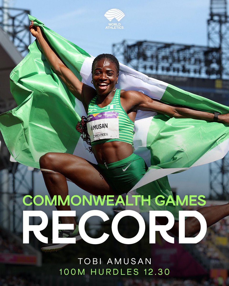 Another day, another gold medal for @Evaglobal01 🥇 The Nigerian wins the women’s 100m hurdles with a 12.30 championship record 🇳🇬 #B2022