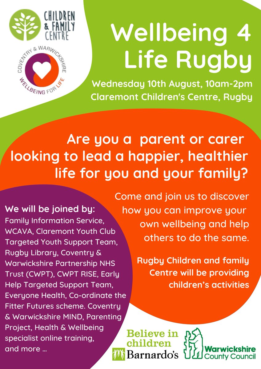 Join our staff at the Wellbeing4Life event in Rugby.

Visit our website for more information:
 athttps://www.healthwatchwarwickshire.co.uk/event/2022-08-10/wellbeing4life-event-claremont-children-family-centre

#Rugby #Health #Wellbeing