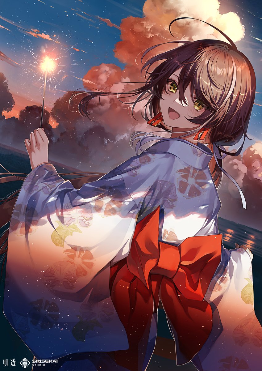 1girl japanese clothes sparkler fireworks kimono solo sky  illustration images