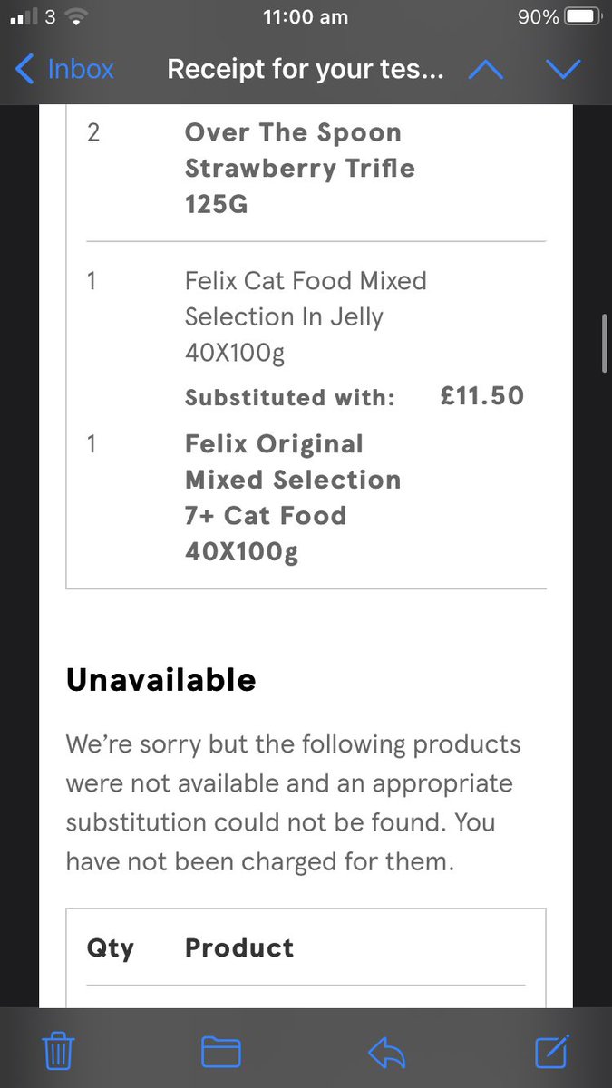 PJ_Broughton's tweet photo. @Tesco - Who picks orders? In what world is cat food aimed at a cat aged 7+ a suitable replacement for a cat that is not that age? Would you swap kitten food for 7+ food as well?! I clearly need to do no replacements. What next? Tomatoes for Strawberries? No, that was last week! https://t.co/Je13ixe3Cw