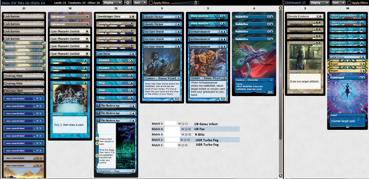 I tried sgo fams again for a few leagues and remembered how nice it is as a snap and flicker target. I didn't want to be cold to fae so I made a mixed TMA/sgo fams list and nearly swept the league! I recognized my blitz opponent so had a slight edge G1

#mtgpauper