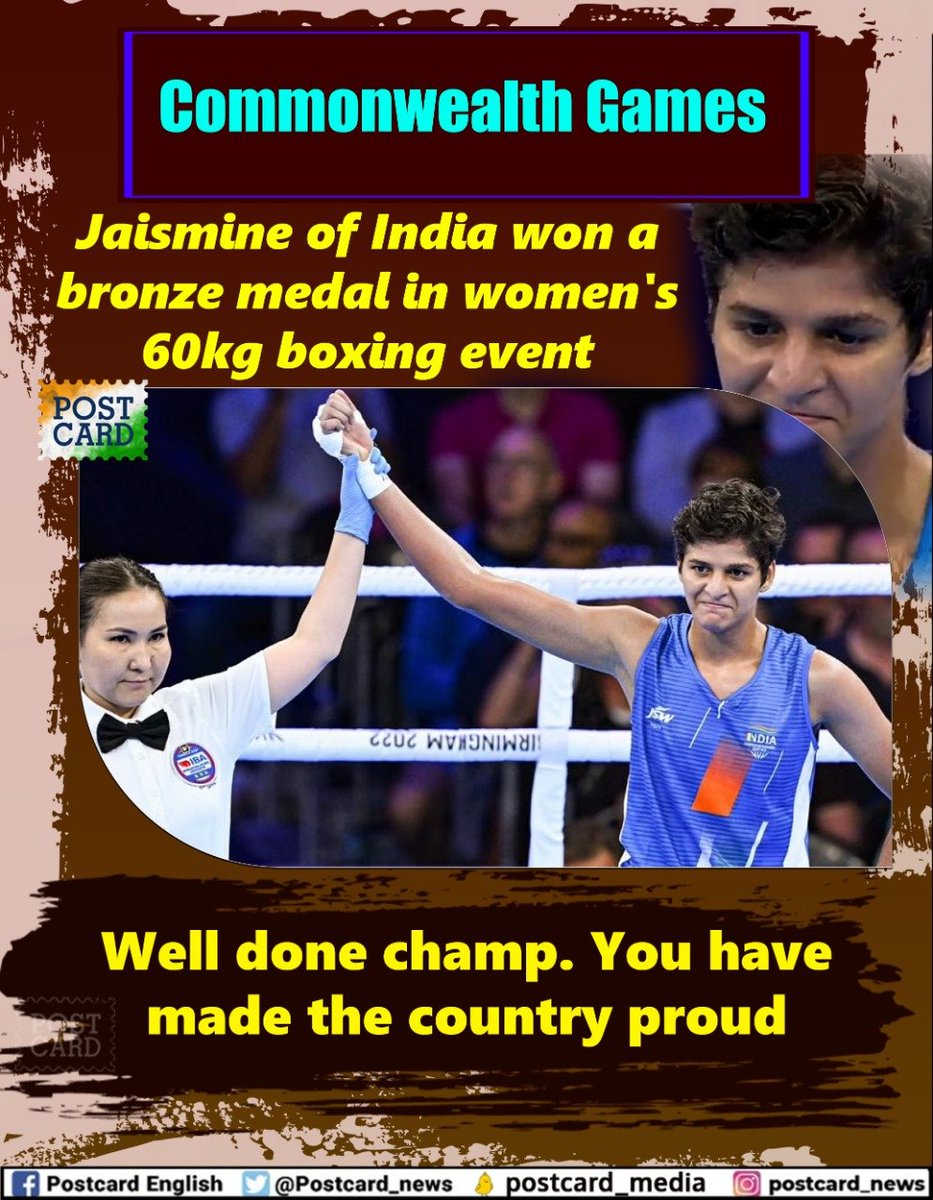 postcard_news's tweet photo. Commonwealth Games
Jaismine of India won a bronze medal in women's 60kg boxing event
#Welldonechamp. You have made the country proud
#Jaismine https://t.co/kZns1IFb4R