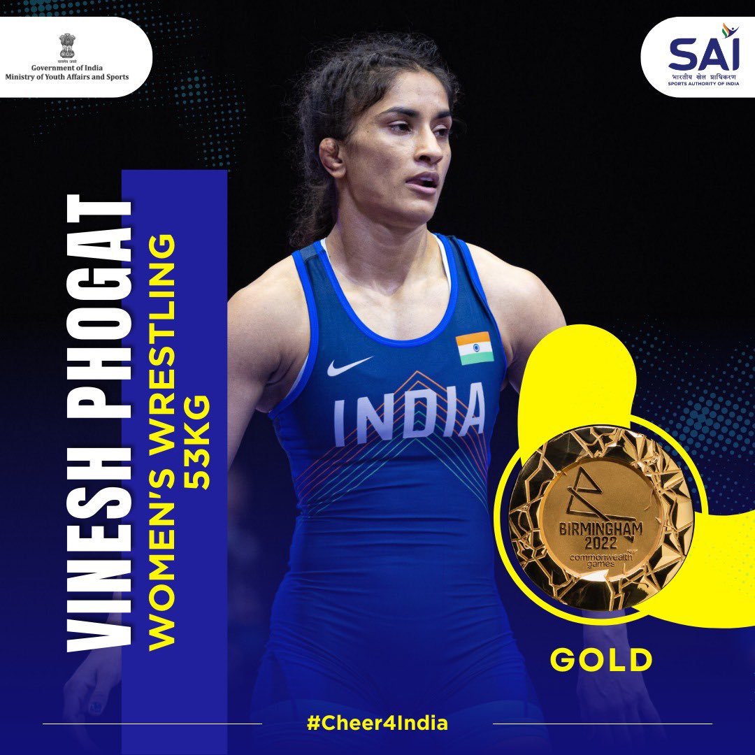 trainerpuneet's tweet photo. It’s raining medals!
@Phogat_Vinesh creates #History!

Becomes the first #Indian #woman athlete to win three consecutive #Gold #Medals 🏅 at #CWG!

#CWG2022India #India  #WeAreTeamIndia #CommonwealthGames #Birmingham2022 #tennisoholic 

@IndiaSports @kheloindia @PIB_India https://t.co/CYNL3pNovF