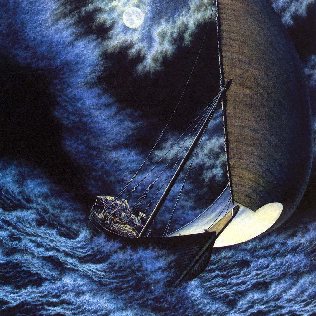 Ranaroth2's tweet photo. Michael Embden. Cover art for Stephen Lawhead, Il principe Taliesin, Editrice Nord, 1991. #MichaelEmbden #art #illustration #StephenLawhead #storm #boat #sea https://t.co/e7zWKBkGXu