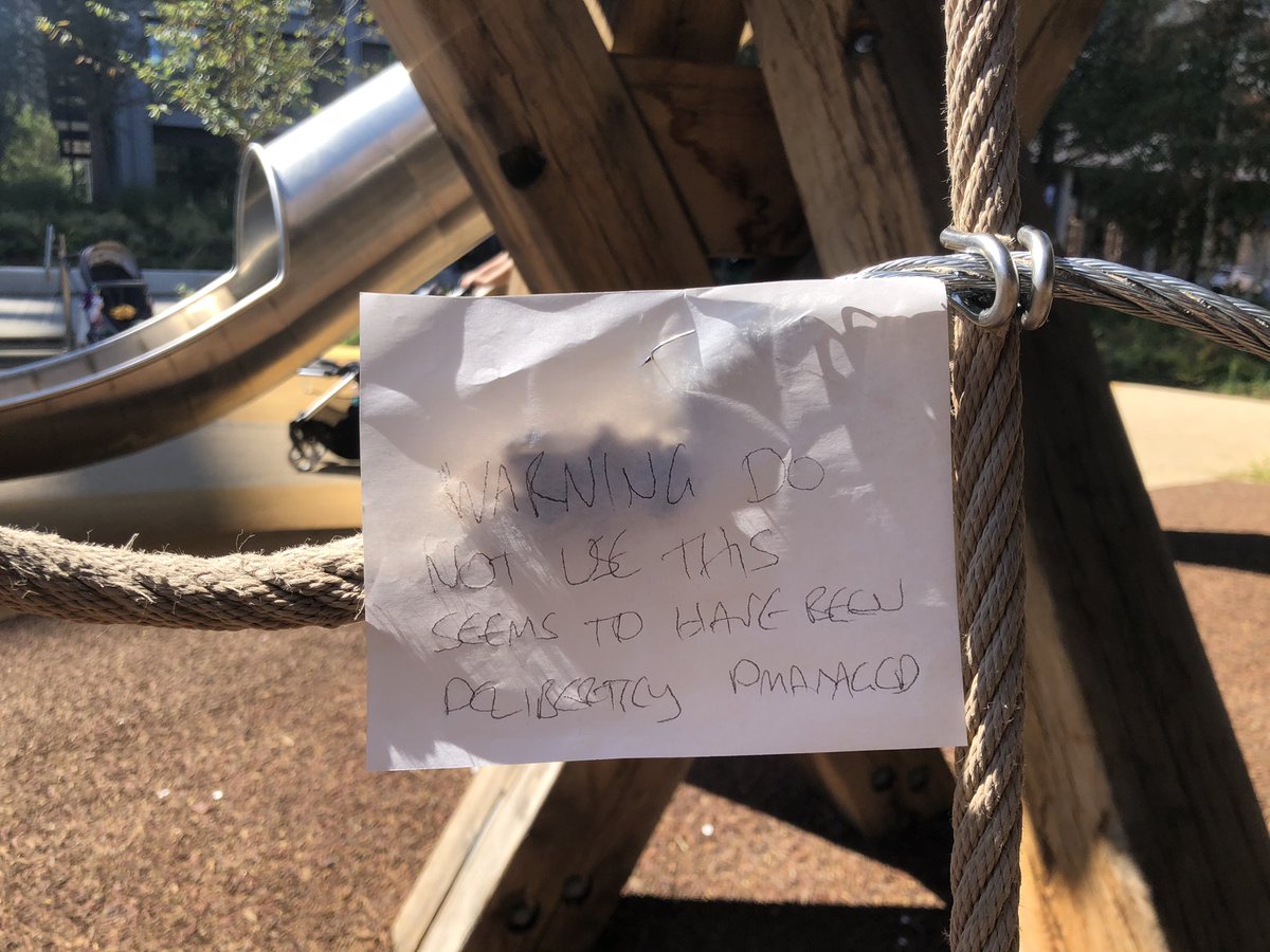 sach291's tweet photo. @yourcroydon I cannot find a single phone line that seems to allow me to report this damage to one of the climbing frames in Queen’s Park (the one opposite the town hall) - I have put a sign on the ropes to warn other parents. Please address this ASAP https://t.co/7sKugwx0pV