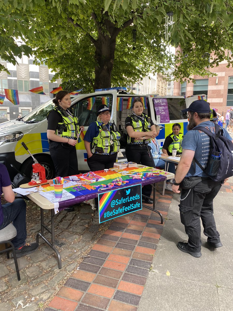 We’re all set up at the #LeedsVillagePrideFete2022 @SaferLeeds #WorkinginPartnership #BeSafeFeelSafe #AskforAngelaLeeds  🌈🏳️‍🌈❤️💙💚💛💜🧡 Have a great Pride everyone!!