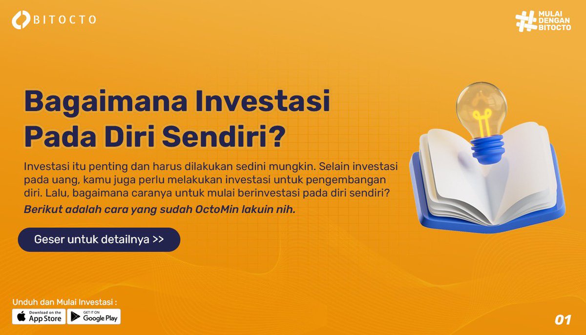 BitoctoExchange's tweet photo. Jangan lupa investasi pada diri sendiri ya OctoMates! 🚀

#Aset #Bitcoin #Crypto #NFT #Bisnis #Investasi https://t.co/gvgrQHJZoj