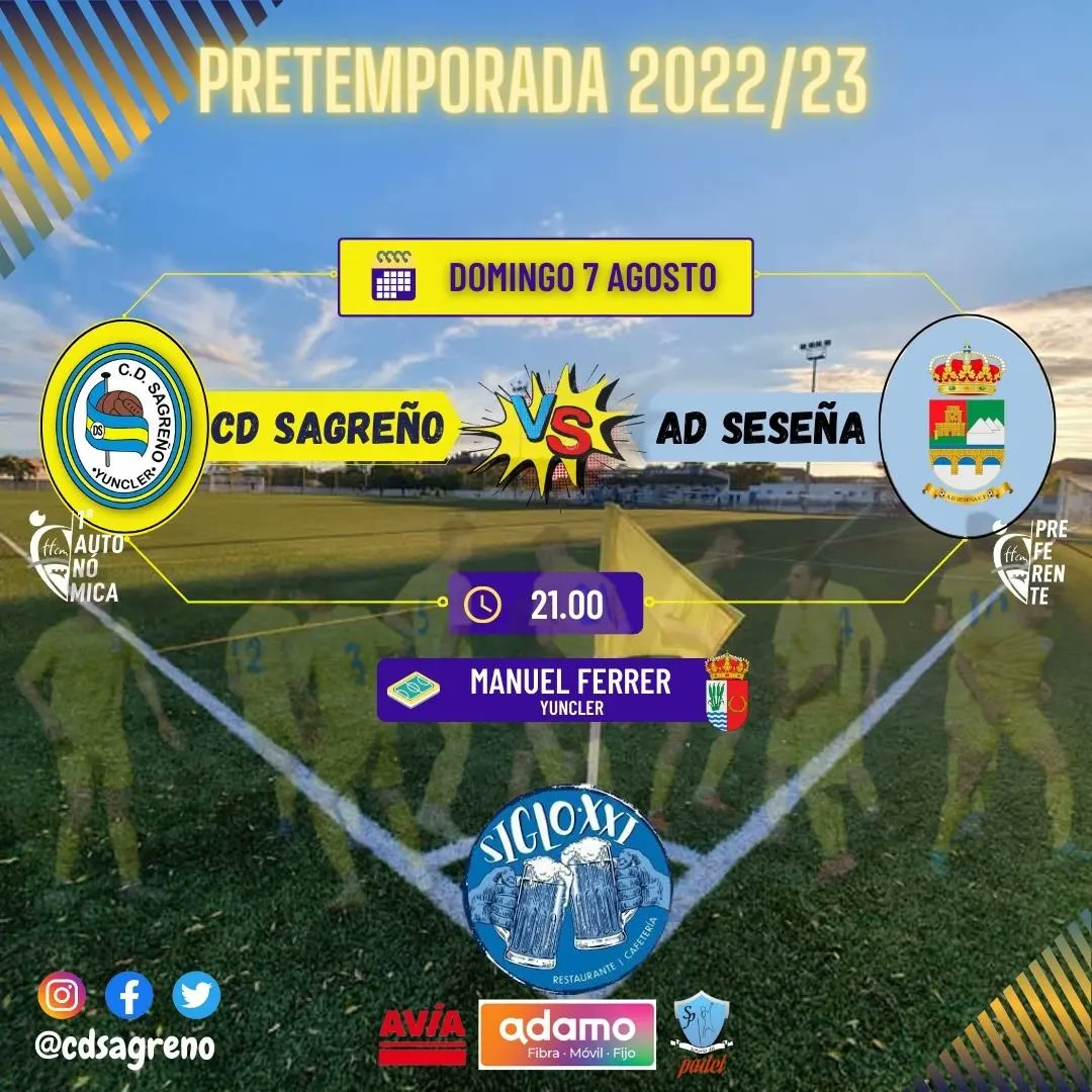 Corrección al post anterior!! Perdonad las molestias los afectados!! 🙏🙏🙏
🚨PRETEMPORADA 🚨
Vamos con el primer test de pretemporada. 
Una buena toma de contacto con un equipo consolidado en Preferente

🗓 Domingo 07/08/2022
🕟 21:00h
🆚 <a href="/adsesenacf/">A D SESEÑA CF</a>
🏟 Manuel Ferrer
📍Yuncler