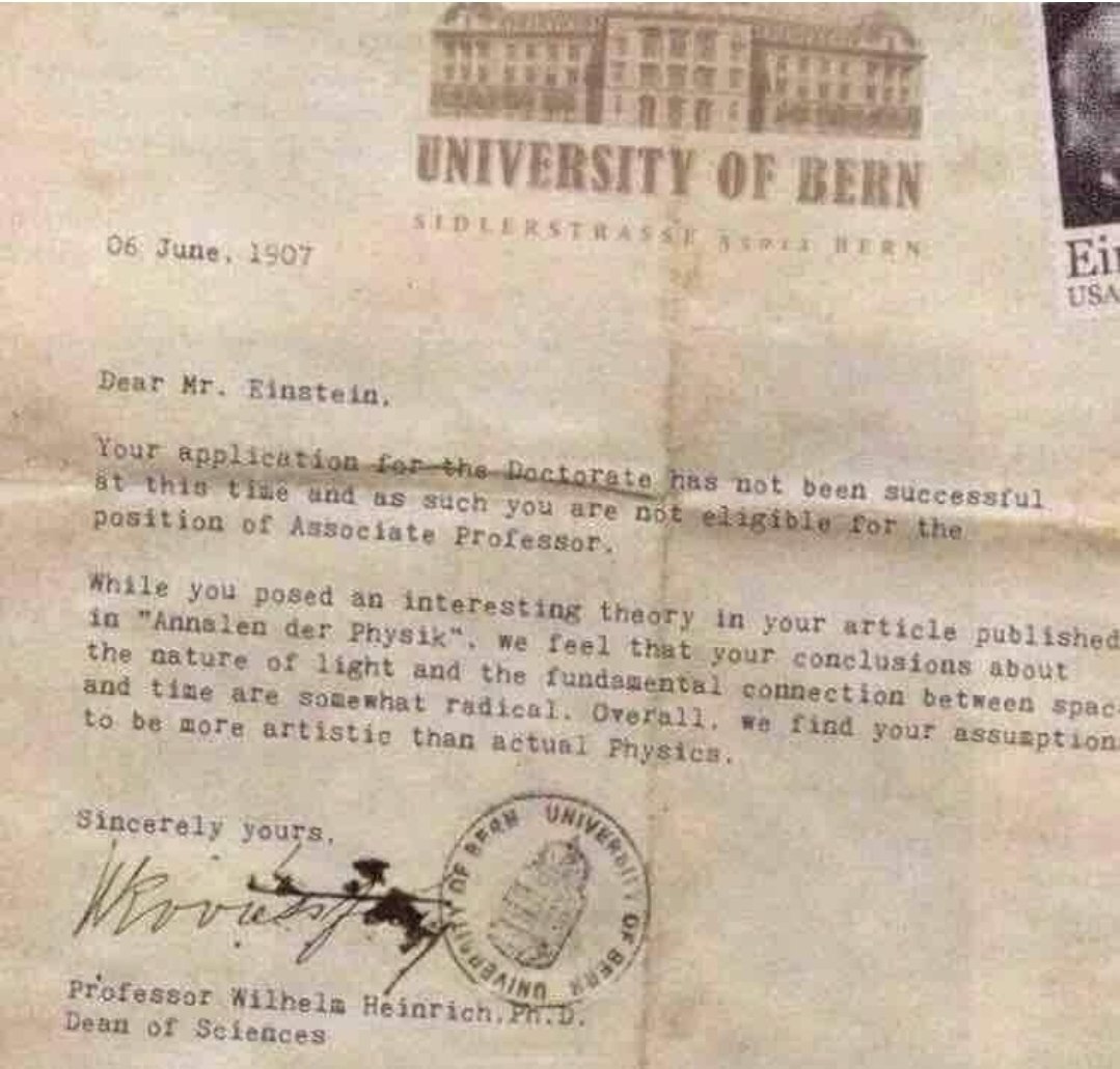 Remember friends, even Einstein got rejected. #AcademicTwitter #AcademicChatter #phdlife