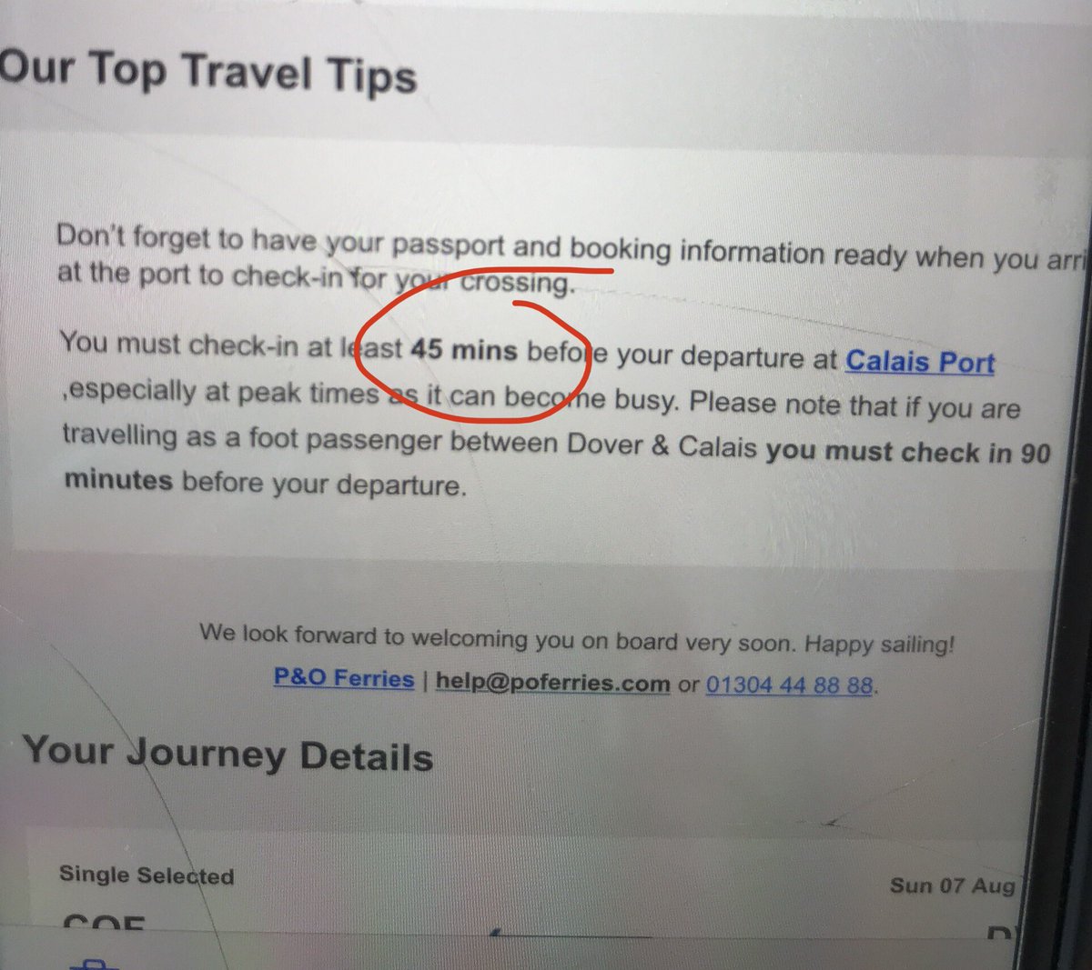 rrreow's tweet photo. @POferriesupdate The confirmation email we received states 45 minutes (see picture). This is disappointing, as if this had been correct we could have acted accordingly and avoided this delay. https://t.co/MxtIA4DdQJ
