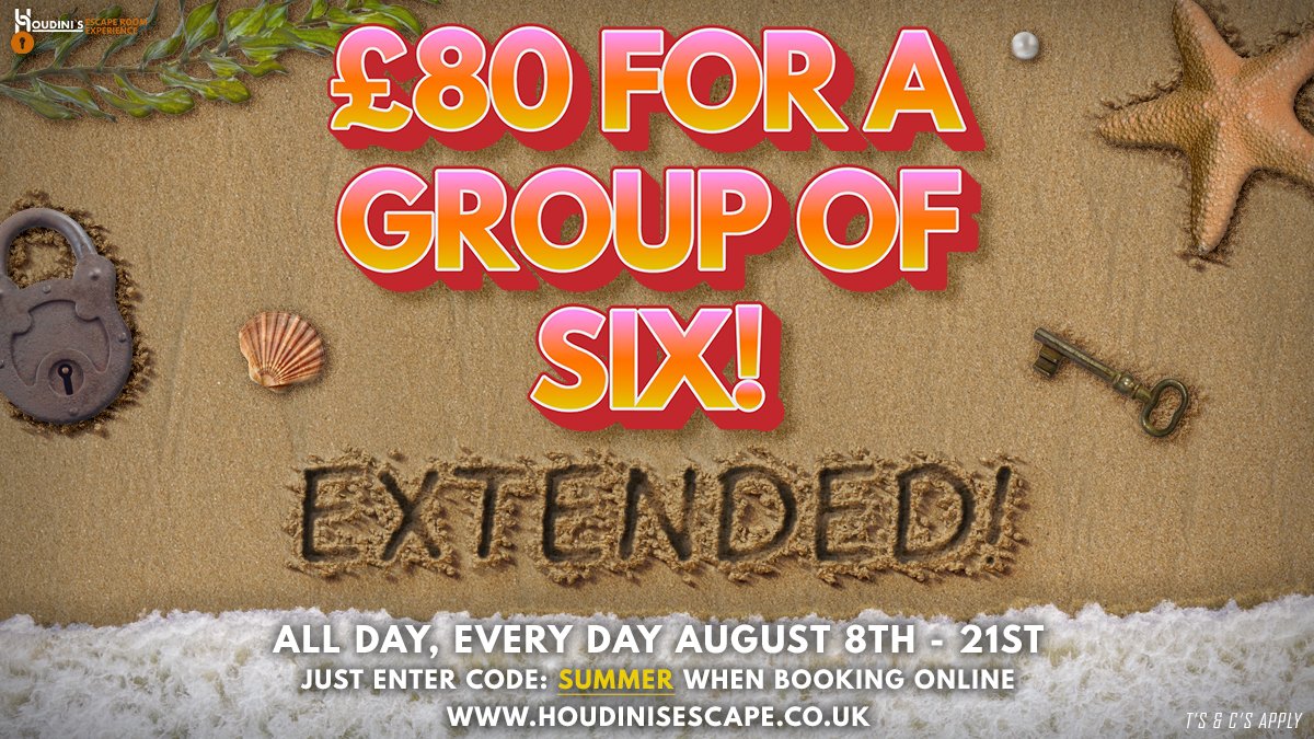 We are extending our summer offer!

Book an escape room for a group of 6 and only pay £80! 
Enter code: SUMMER when booking online, August 8 - 21. 

houdinisescape.co.uk
T’s &amp; C’s apply.

#escaperoom #escapegame #summer #summerholidays #schoolholidays #deal #offer