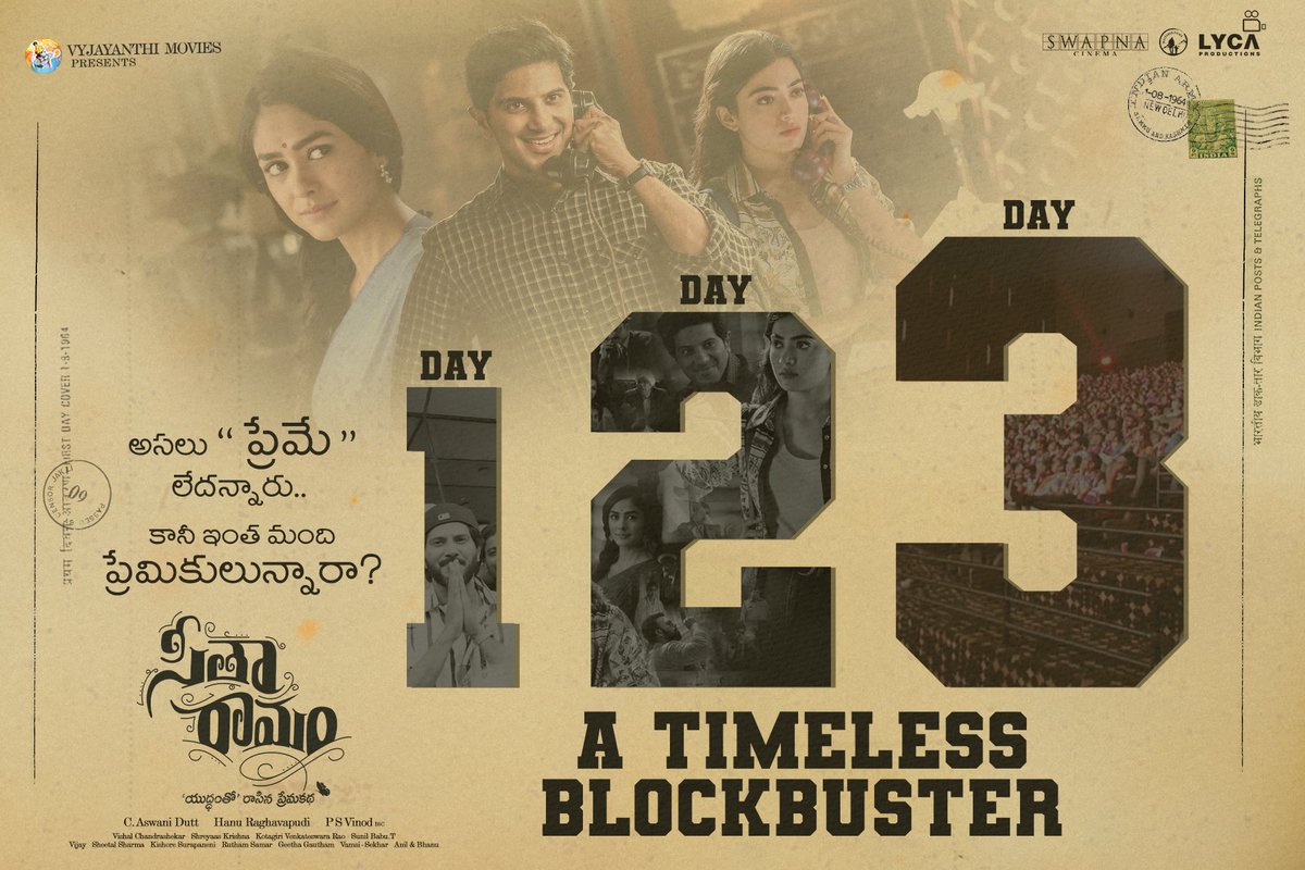 VyjayanthiFilms's tweet photo. Day 2 stronger than day 1 
Day 3 stronger than day 2
Our strength is your love
Which is only growing 💗
#SitaRamam @dulQuer @mrunal0801 @iamRashmika @iSumanth @TharunBhasckerD @hanurpudi @VyjayanthiFilms @SwapnaCinema @DQsWayfarerFilm @LycaProductions @RelianceEnt @SonyMusicSouth https://t.co/Aaj2xFBp07