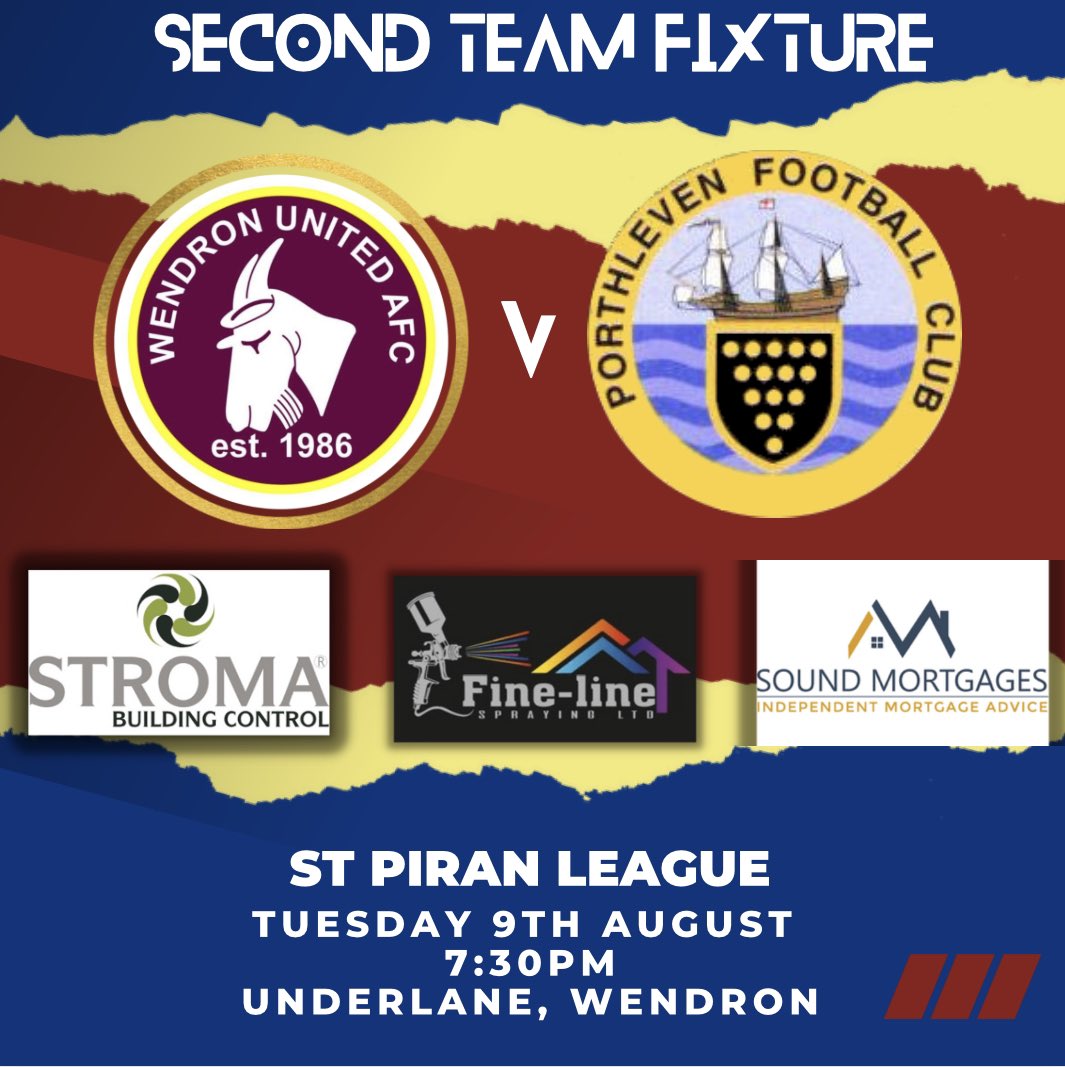 Wendron United AFC (@wendronutdafc) on Twitter photo ๐ฆ๐ฒ๐ฐ๐ผ๐ป๐ฑ๐ ๐ฏ๐ฎ๐ฐ๐ธ ๐ถ๐ป ๐ฎ๐ฐ๐๐ถ๐ผ๐ป
โฝ๏ธ | <a href="/StPiranLeague/">Kernow Stone St Piran League</a>
๐ Underlane, Wendron
๐ @PorthlevenFC
๐ 9th August
โฐ 7:30pm
๐ ยฃ3
MATCH SPONSORS:
facebook.com/finelinesprayiโฆ
TEAM SPONSORS: stroma.com/building-contrโฆ & soundmortgages.co.uk ๐ฆ๐ฒ๐ฐ๐ผ๐ป๐ฑ๐ ๐ฏ๐ฎ๐ฐ๐ธ ๐ถ๐ป ๐ฎ๐ฐ๐๐ถ๐ผ๐ป
โฝ๏ธ | <a href="/StPiranLeague/">Kernow Stone St Piran League</a>
๐ Underlane, Wendron
๐ @PorthlevenFC
๐ 9th August
โฐ 7:30pm
๐ ยฃ3
MATCH SPONSORS:
facebook.com/finelinesprayiโฆ
TEAM SPONSORS: stroma.com/building-contrโฆ & soundmortgages.co.uk