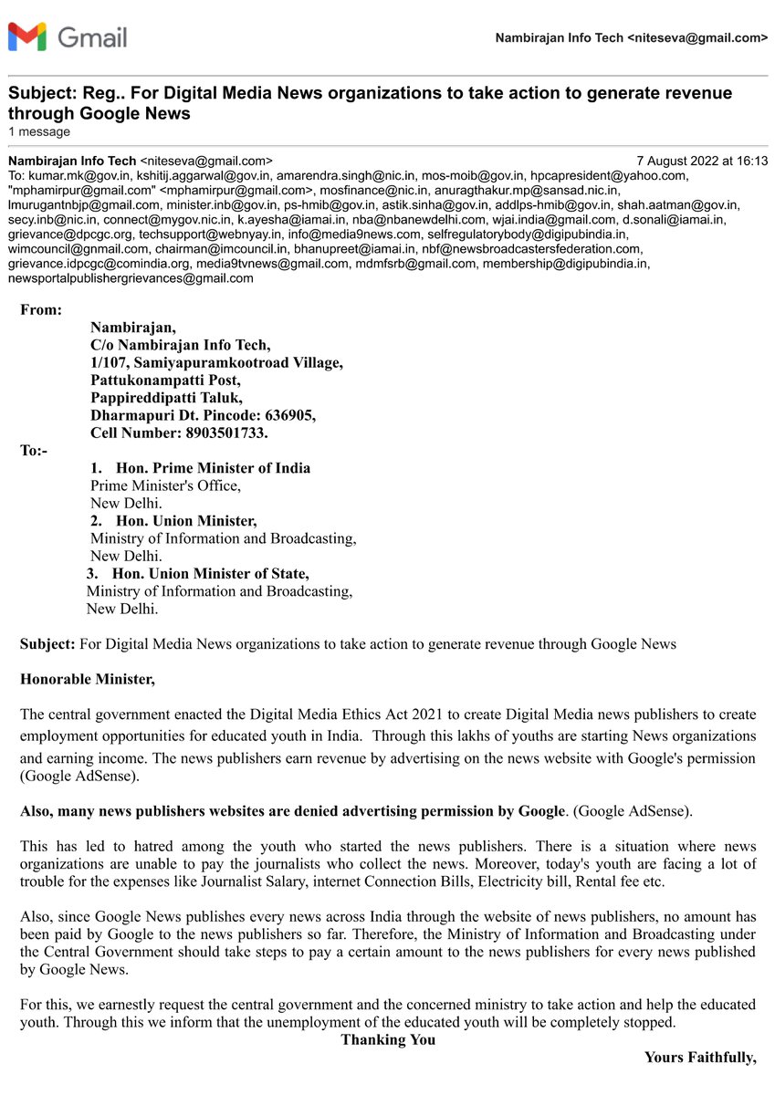 Hon.<a href="/ianuragthakur/">Anurag Thakur</a>|@Murugan_MoS
For Digital Media News organizations to take action to generate revenue through Google News 
<a href="/narendramodi/">Narendra Modi</a>|<a href="/MIB_India/">Ministry of Information and Broadcasting</a>|<a href="/IndiaIDMA/">Indian Digital Media Association</a>|<a href="/_DigitalIndia/">Digital India</a>|<a href="/WebJournalists/">Web Journalists' Association of India</a>|<a href="/IAMAIForum/">IAMAI</a>|<a href="/sundarpichai/">Sundar Pichai</a>|<a href="/googlenews/">Google News</a>|<a href="/Google/">Google</a>|<a href="/TweetsNbf/">NBF</a>|<a href="/PCITweets/">Press Club of India</a>|<a href="/PTI_News/">Press Trust of India</a>|<a href="/medianama/">MediaNama</a>