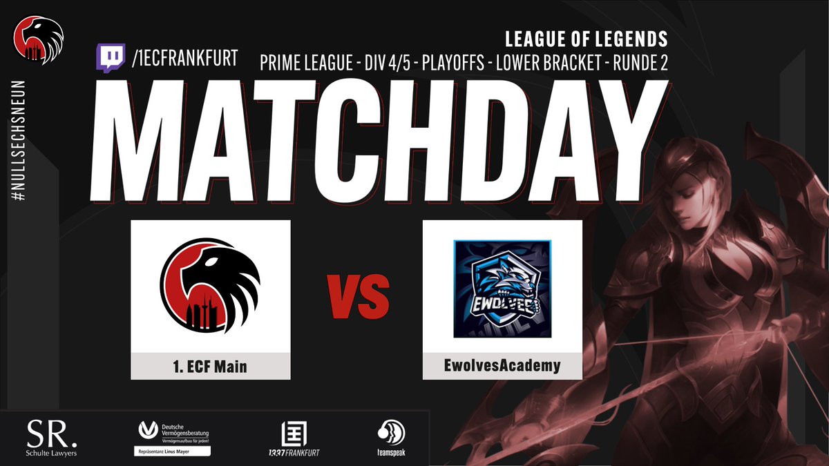 Gude!

Weiter geht's in den <a href="/PrimeLeague/">Die Techniker Prime League</a> Playoffs.
Unser Main Team trifft im Lower-Bracket auf <a href="/eWolvesDE/">eWolves</a>.

<a href="/FunkyKong1st/">Tonio Jäcker</a> und <a href="/ShiivLOL/">Shiiv</a> nehmen euch ab 14 Uhr on-stream mit durch die Partie!
📺 twitch.tv/1ECFrankfurt