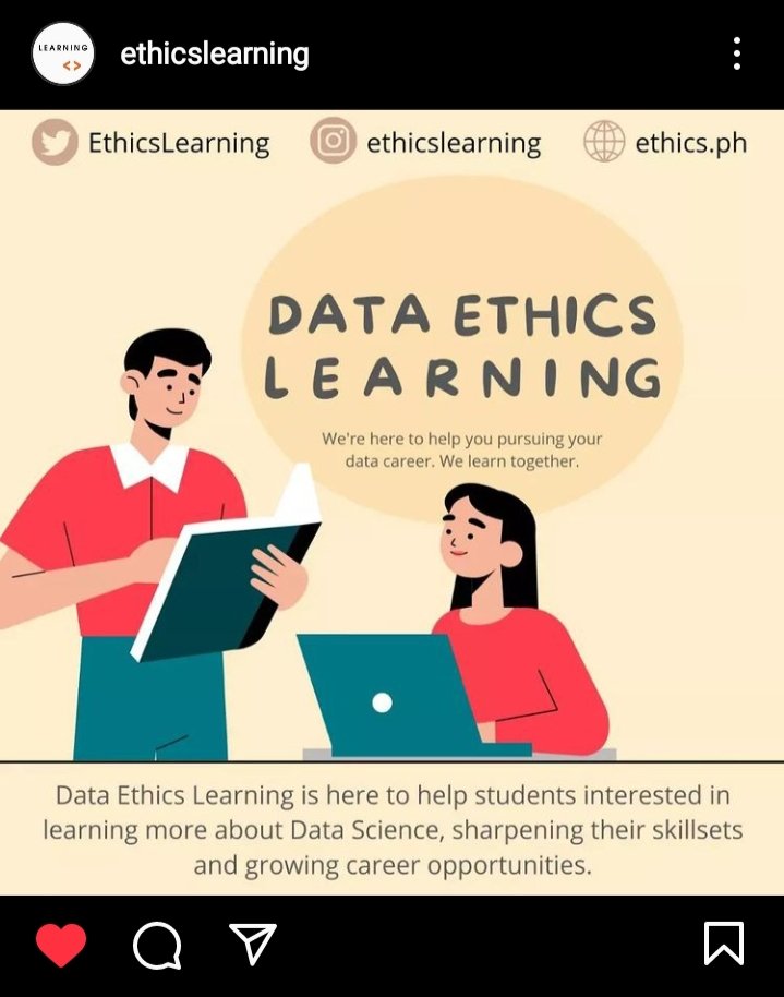 EthicsLearning's tweet photo. Our first post on our Instagram account. Follow us: https://t.co/zUwF46G3db
#ethicslearning #ethicsph #dataethicsph #learning #datascience https://t.co/H85qQTtHPM