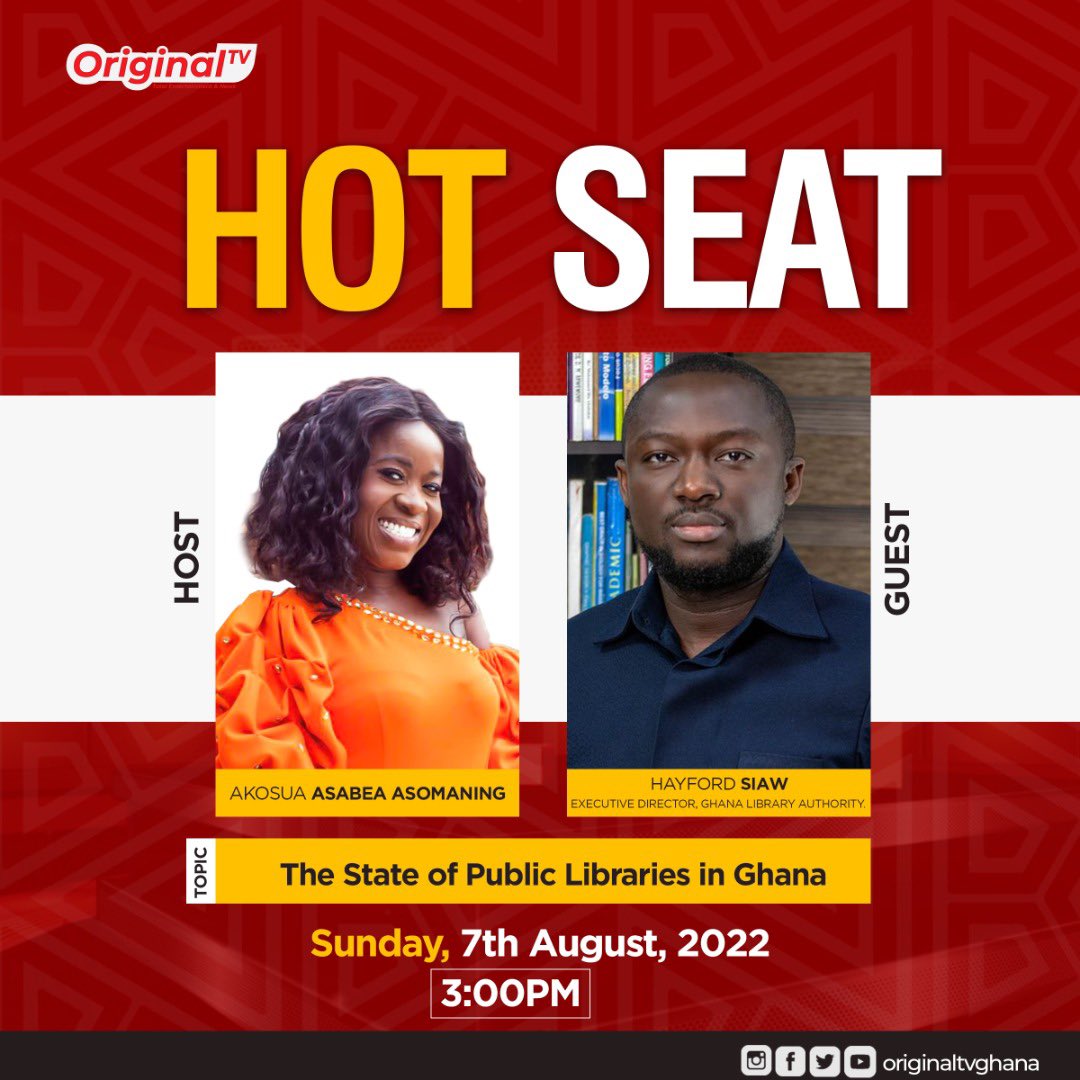 ghanalibraries's tweet photo. Want to know about the state of public libraries in Ghana? 
Tune in to Original TV at 3:00pm to know more. https://t.co/Wwt0sBwJsl