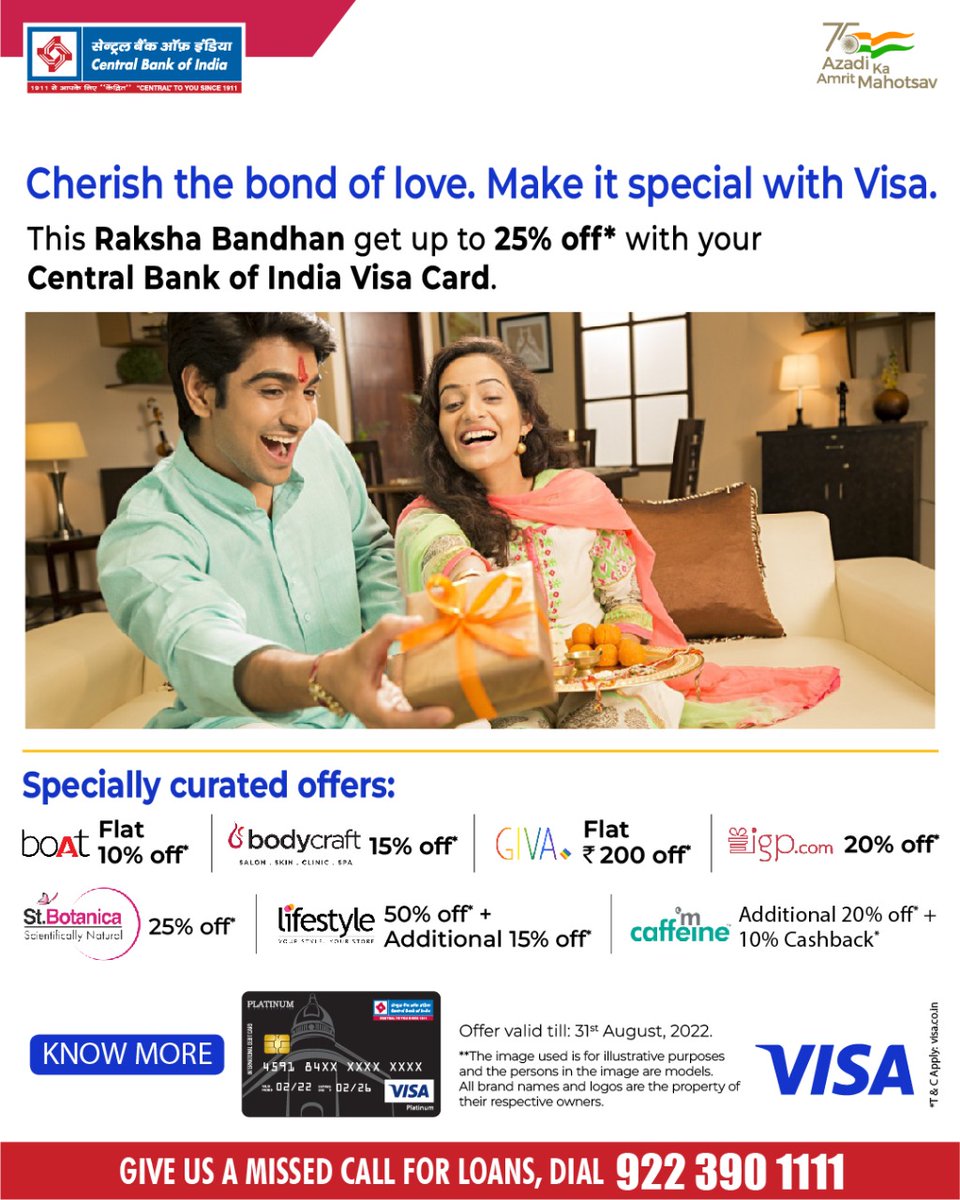centralbank_in's tweet photo. This #RakshaBandhan get up to 25% off with your Central Bank of India Visa Card. #Visa #AmritMahotsav #AzadiKaAmritMahotsav #CentralToYouSince1911 https://t.co/0K6Aa7xf5g