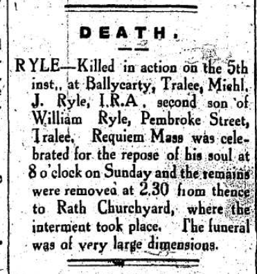 CivilWarInKerry's tweet photo. The 'Kerry People' records the death of one of the first republican casualties of the Civil War in #Kerry

18-year-old Michael Ryle of the Fianna Éireann was fired upon as Free State soldiers advanced towards Castleisland. He died instantly at the scene.

#CivilWar #CivilWar100 https://t.co/aHzZXJMw4v