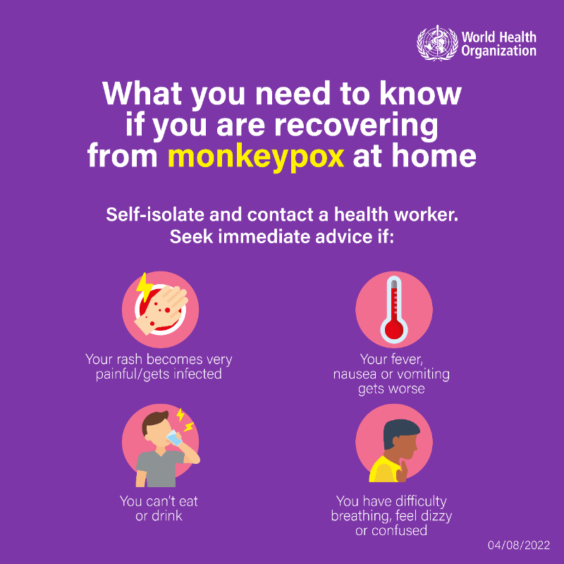 WHO's tweet photo. Here's what you need to know if you are recovering from #monkeypox at home 👇