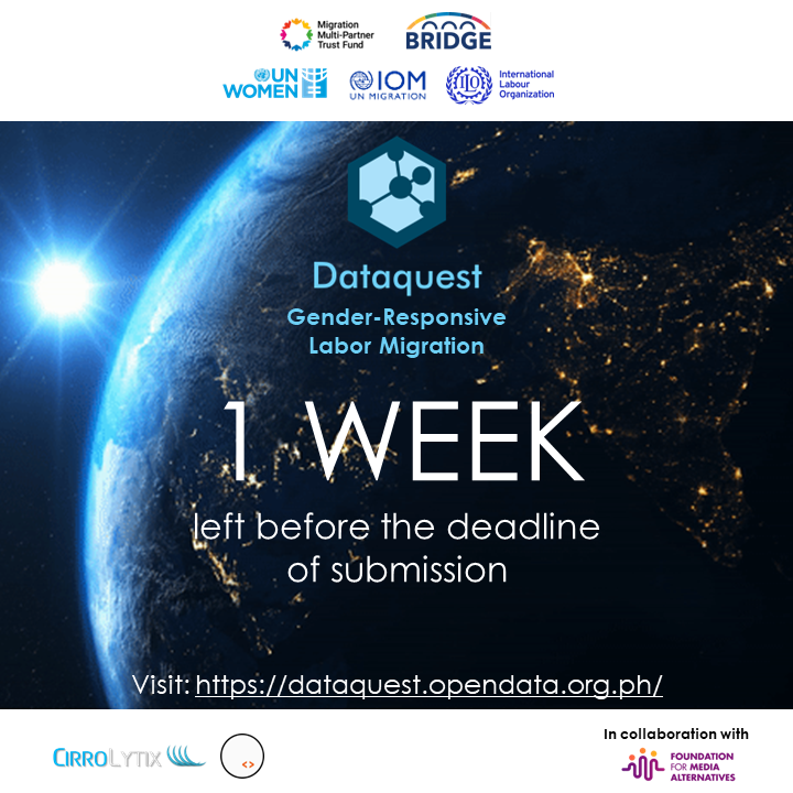 cirrolytix's tweet photo. HACKATHON ALERT: Deadline for submission of entries is fast approaching! Only 1 week to go before registration closes. Hurry up and submit your concept note @ https://t.co/sFtasuZ3fi.
#Dataquest #Hackathon #Gender #LaborMigration #HelpOurOFWs #MigrantWorkers https://t.co/D62Pu9eywk