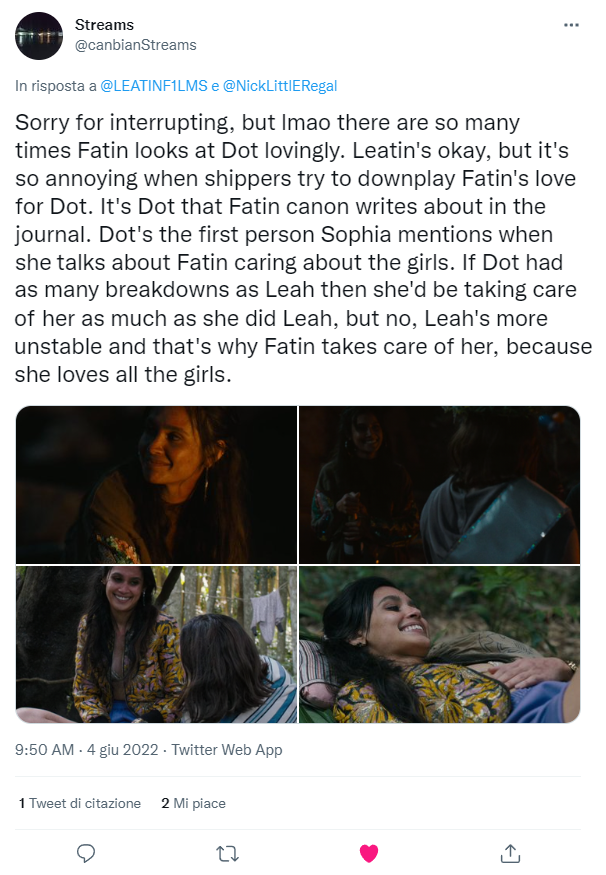 NickLittlERegal's tweet photo. @trishccamila @hulu "Mom energy"...and they show #Leatin.Not saying,but just saying....Fatin throws loving looks at everyone because she CARES about everyone!💕 #TheWilds #SaveTheWilds #RenewTheWilds #Dotin #Sheltin https://t.co/vz6exSUTVx