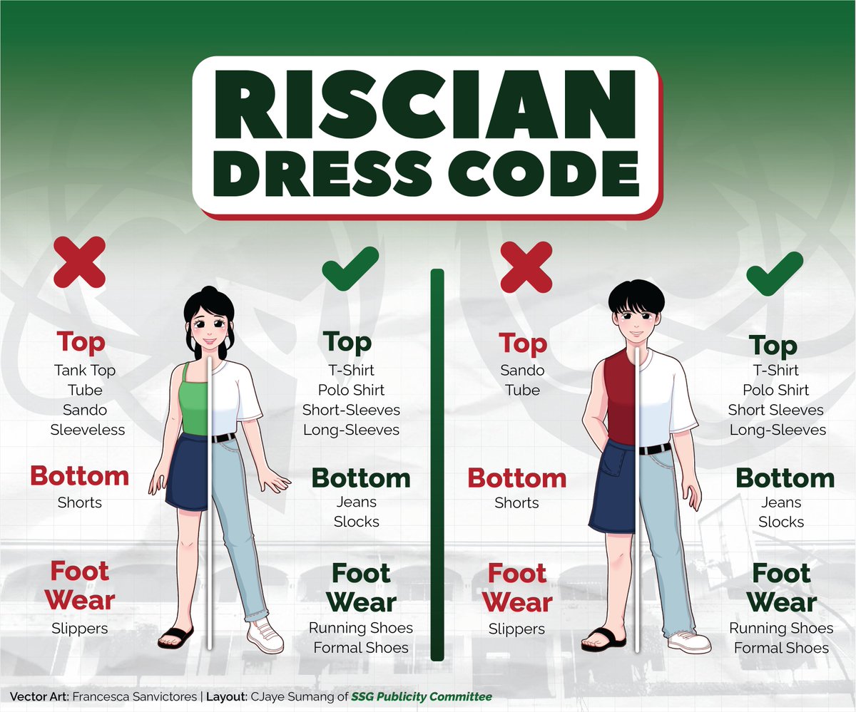RiSciSSG's tweet photo. 📢 𝗥𝗘𝗠𝗜𝗡𝗗𝗘𝗥: 𝗣𝗥𝗢𝗣𝗘𝗥 𝗗𝗥𝗘𝗦𝗦 𝗖𝗢𝗗𝗘 𝗜𝗡𝗦𝗜𝗗𝗘 𝗧𝗛𝗘 𝗦𝗖𝗛𝗢𝗢𝗟 𝗣𝗥𝗘𝗠𝗜𝗦𝗘𝗦

Heads-up, Riscians! In view of the campus opening for different upcoming activities. Please be guided that RNSHS is implementing the observance of the Proper Dress Code! https://t.co/csmgCEoY4y