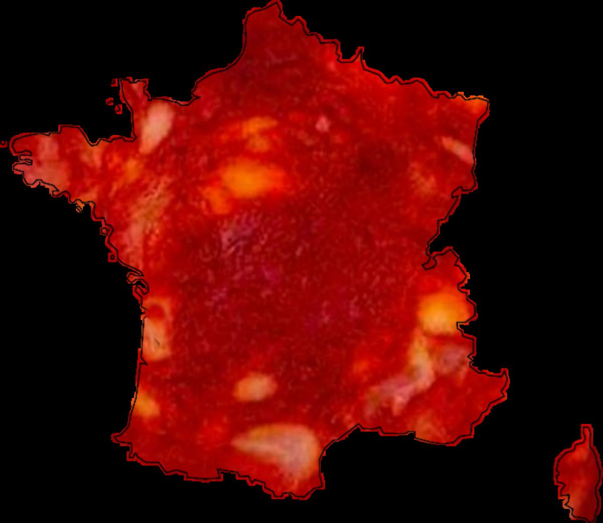 Nini_MacBright's tweet image. N’empêche, quand tu découpes la carte de France dans une rondelle de chorizo, t’as à peu près la carte des températures prévues le week-end prochain
