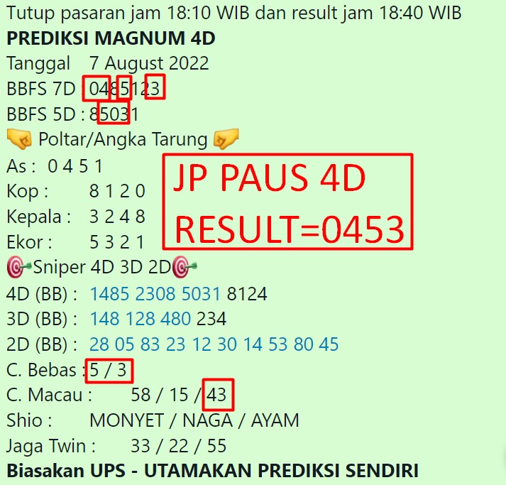 PakUntungPredik's tweet photo. Hasil Pengeluaran MAGNUM4D
Hari Minggu, 07 August 2022
Result 1 : 0453=JP PAUS 4D,2D,CBx2,CM
SHIO : ANJING
Result 2 : 8539
Result 3 : 4110=JP TERI 2D
Selamat Kepada Pemenang, Salam JP https://t.co/BFdRvtdIox