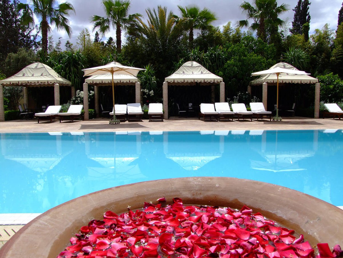The gorgeous #pool at #LaMaisonArabe's private #country #club is the perfect place to escape the heat of #Marrakech #medina in #August mintmorocco.com/la-maison-arab…🏊🌴💜