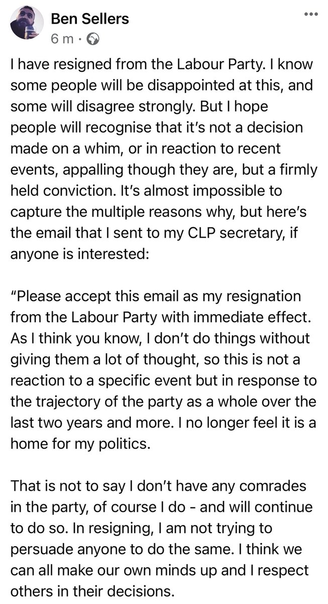 MrBenSellers's tweet photo. I have resigned from @UKLabour. I know some people will be disappointed at this &amp; some will disagree strongly. But I hope people will recognise that it’s not a decision made on a whim, or in reaction to recent events, appalling though they are, but a firmly held conviction. https://t.co/RbJ95eIxgo